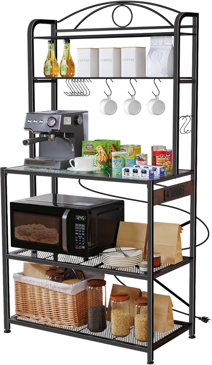 Bakers Rack for Kitchen, 33-inch Wide Coffee Bar Station with Power Outlet, 5 Tier Microwave Stand Storage Shelf with S-Shaped Hooks, Metal Frame with Coloured Glass Tabletop