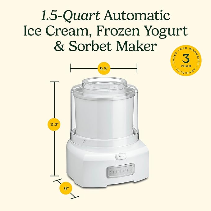 Cuisinart Ice Cream Maker Machine, 1.5 Quart Double Insulated Machine, Sorbet and Frozen Yogurt Maker, Ready in 20 Minutes, ICE-21P1, White