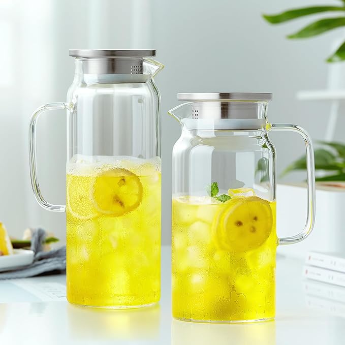 53OZ Glass Pitcher with Lid and Spout, Water Jug, 1580ml Carafe for Hot/Cold Water, Large Iced Tea Pitcher for Coffee, Juice and Homemade Beverage