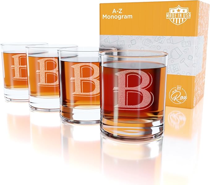 On The Rox Drinks 4 Piece Glass Set Engraved with B-Monogram, 11-Ounce