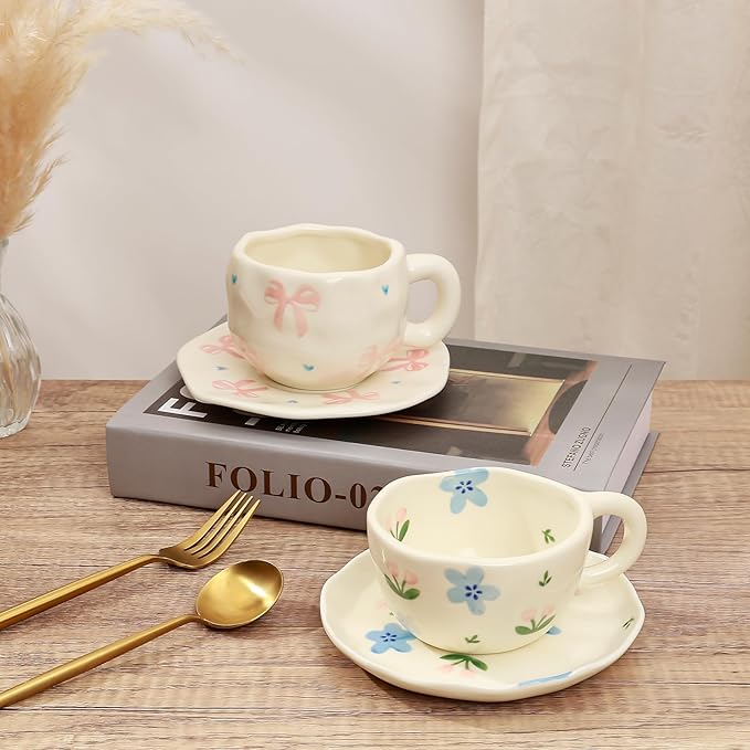 Koythin Ceramic Coffee Mug with Saucer Set, Cute Pink Big Bow Cup Unique for Office and Home, 10 oz/300 ml for Latte Tea Milk