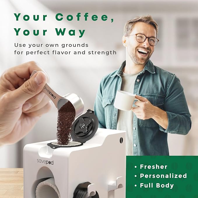 SavePod Coffee Pod Maker with Reusable Coffee Pods, Compatible with Keurig and K-Cup Coffee Machines, Smart, Easy to Use & Convenient (White)