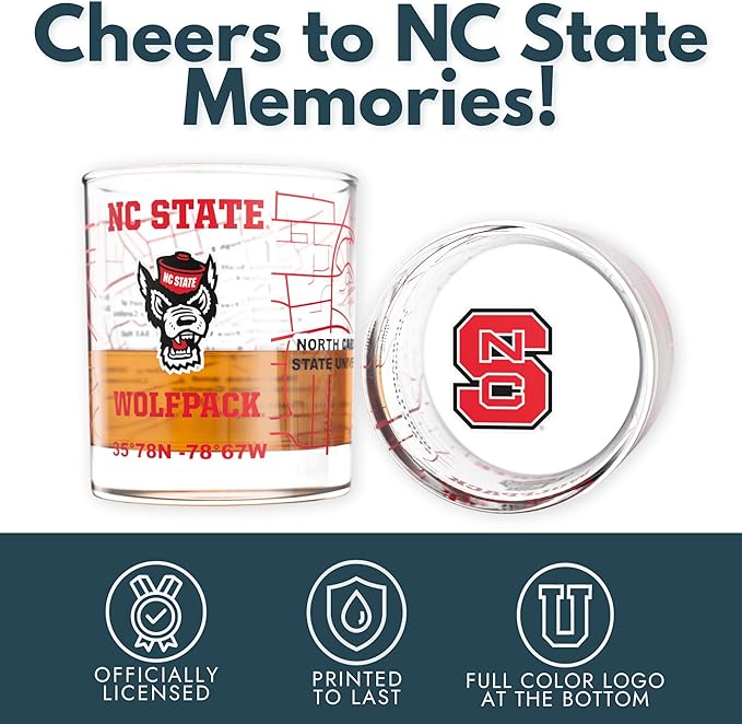 Greenline Goods – North Carolina State University Wolfpack College Whiskey Glasses (Set of 2), 10 oz – Full-Color Logo + Campus Map