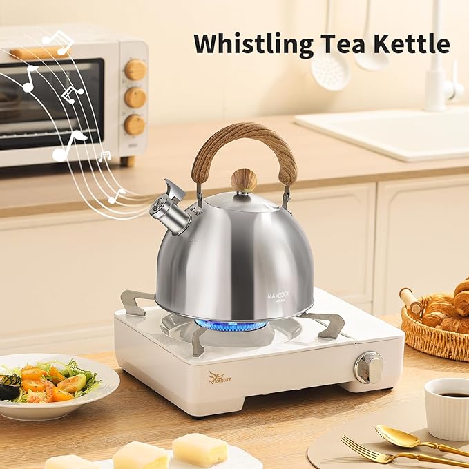18/8 Stainless Steel Tea Kettle for Stovetop (3L / 3.17 Quart, Whistling Tea Pot, Wood Handle)-Silver