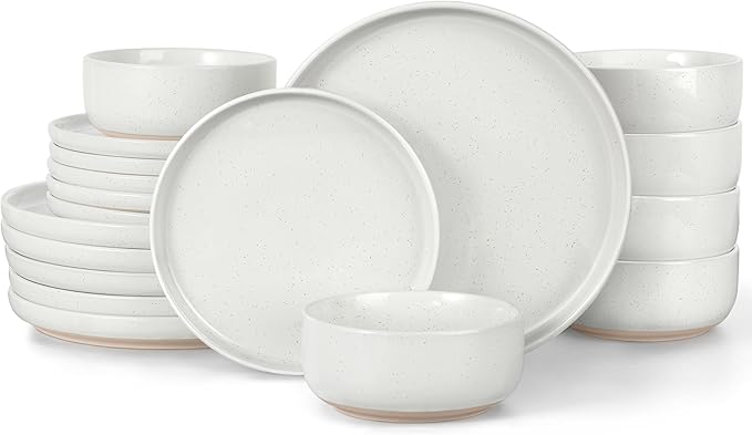 LIANYU 18-Piece Dinnerware Sets for 6, Stoneware Dinner Plates and Bowls, Kitchen Dining Dishes Set, Dishwasher & Oven Safe, Snowy White