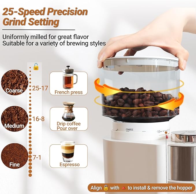 Electric Burr Coffee Grinder with 25 Grind Setting for 2-12 Cup Adjustable Stainless Steel Dosing Bean Mill Home Automatic Conical Freshly Ground Espresso Grinder with Cleaning Brush White