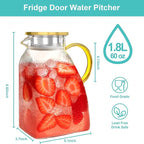 Glass Water Pitcher with Lid, High Borosilicate Heat Cold Resistant Carafe, 1.8L/63oz Capacity, Leakproof Fridge Door Carafe, Ice Tea Jug, Lemonade Pitcher For Fridge