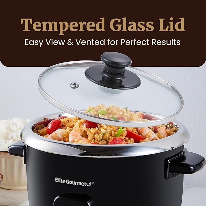 Elite Gourmet ERC006SS 6-Cup Electric Rice Cooker with 304 Surgical Grade Stainless Steel Inner Pot, Makes Soups, Stews, Porridges, Grains and Cereals, 6 cup (3 cups uncooked), Black