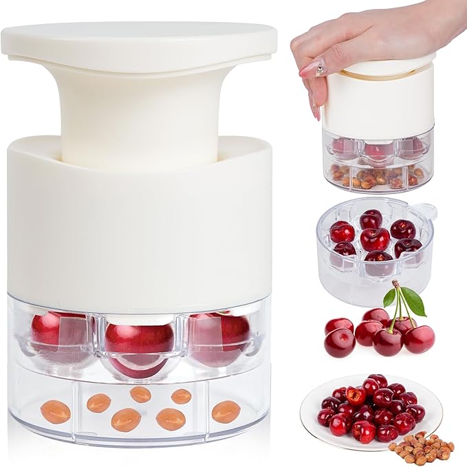 Cherry Pitter, 7-Hole Long Plunger Push Button Cherry Core Remover Tool with Splatter Protector, Quickly Pitting Cherries for Making Jam, Pies (White)
