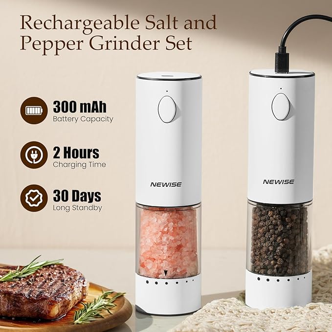 Electric Salt and Pepper Grinder Set, Rechargeable with LED Lights, Stainless Steel Automatic Pepper & Salt Mill, Adjustable Coarseness, Large Capacity, White