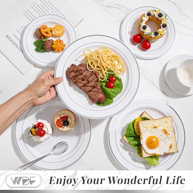 WDF 120PCS Plastic Christmas Plates White Silver Rim - Disposable Plates including 60PCS for Dinner 10.25inch, 60 Salad/Dessert Plates 7.5inch Heavy Duty Wedding