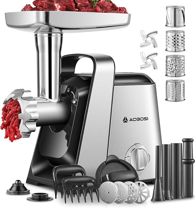 AAOBOSI #8 Meat Grinder, 6-In-1 Meat Grinder Electric [3000W Max] with 4 Slice, Shred Blades,2 Grinding Blades,4 Plates, 3 Sausage Stuffer,Kubbe Kit, Burger Press, 2 Meat Claws, for Home Kitchen Use