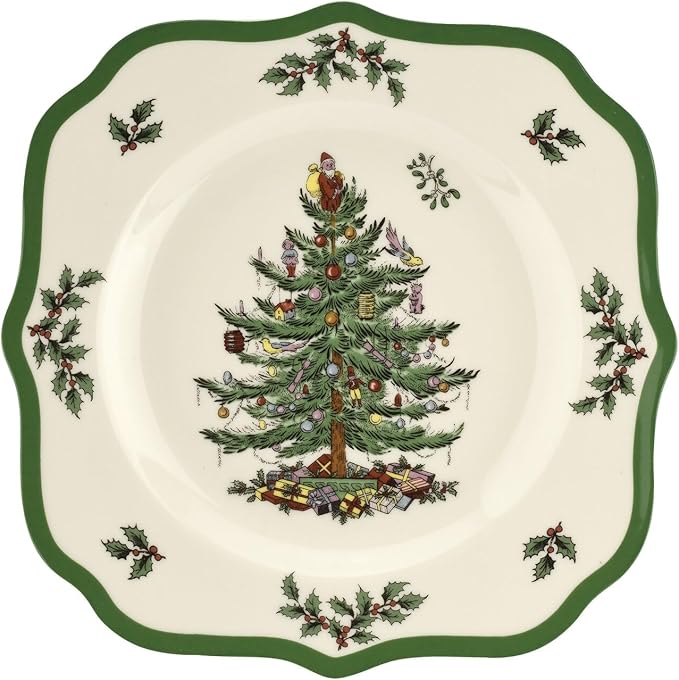 Spode Christmas Tree Scalloped Salad Plate - Holiday-Themed Stoneware Appetizer Plate - 9 Inch Christmas Dinner Dish Featuring Colorful Gifts & Mistletoe Accents - Dishwasher & Microwave Safe