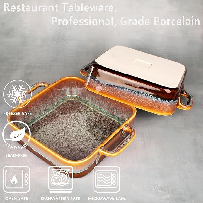 9" x 9"Square Casserole Dish, 1.8 Qt Ceramic Au gratin Baking Dish with Handles, Or for mixing, salad, pasta plate, Best gift for those who love baking, Microwave, Oven safe