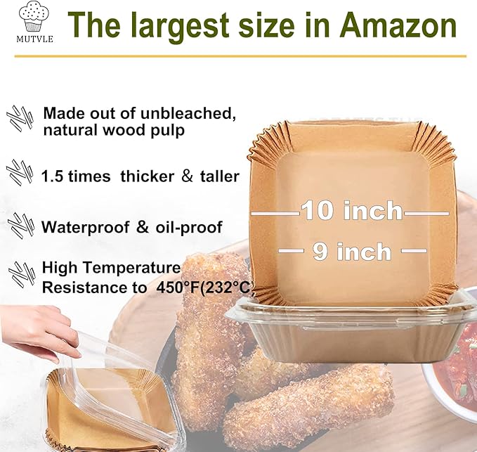10 Inch Largest Square Air Fryer Disposable Paper Liner, XXL 100Pcs Air Fryer Parchment Liners for 8QT or Bigger Air Fryer, Non-stick, Food Grade Baking Paper for Frying, Roasting and Microwave