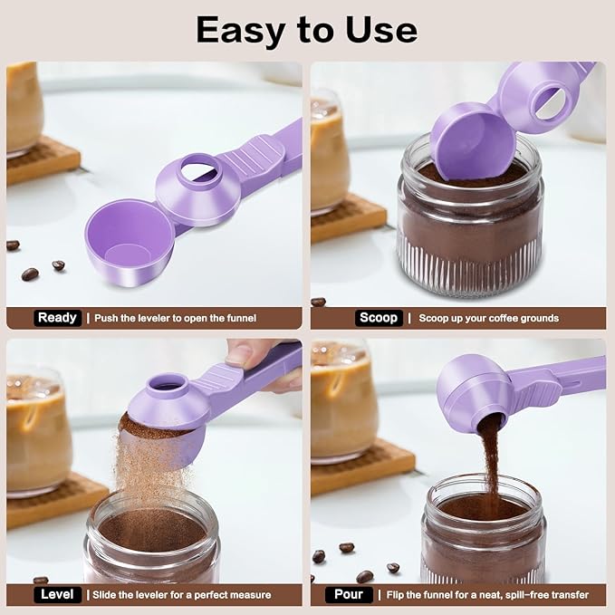 2-in-1 Coffee Scoop with Funnel, 2 Teaspoon Measuring Spoon for Reusable Pods, Ground Coffee, Protein Powder & Tea, Mess-Free Plastic Design (Light Purple)
