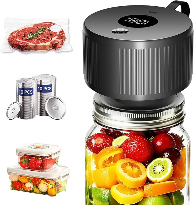 Electric Mason Jar Vacuum Sealer Kit, 3-in-1 Handheld Automatic Vacuum Sealer for Mason Jars, Food Savers & Containers | Ideal for Canning Jams, Pickles, Dry Foods, Grains | Present for Mom, Black