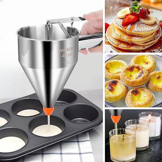 Stainless Steel Pancake Batter Dispenser with Squeeze Handle and Multi-Nozzle, for Pancakes, Cupcakes, and Baked Goods. 20 oz