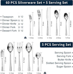KINGSTONE Hammered Silverware Set, Flatware Set with Serving Utensils, 18/10 Stainless Steel Premium Cutlery with Unique Ripple Handles Design Mirror Polished - Dishwasher Safe (65-Piece)