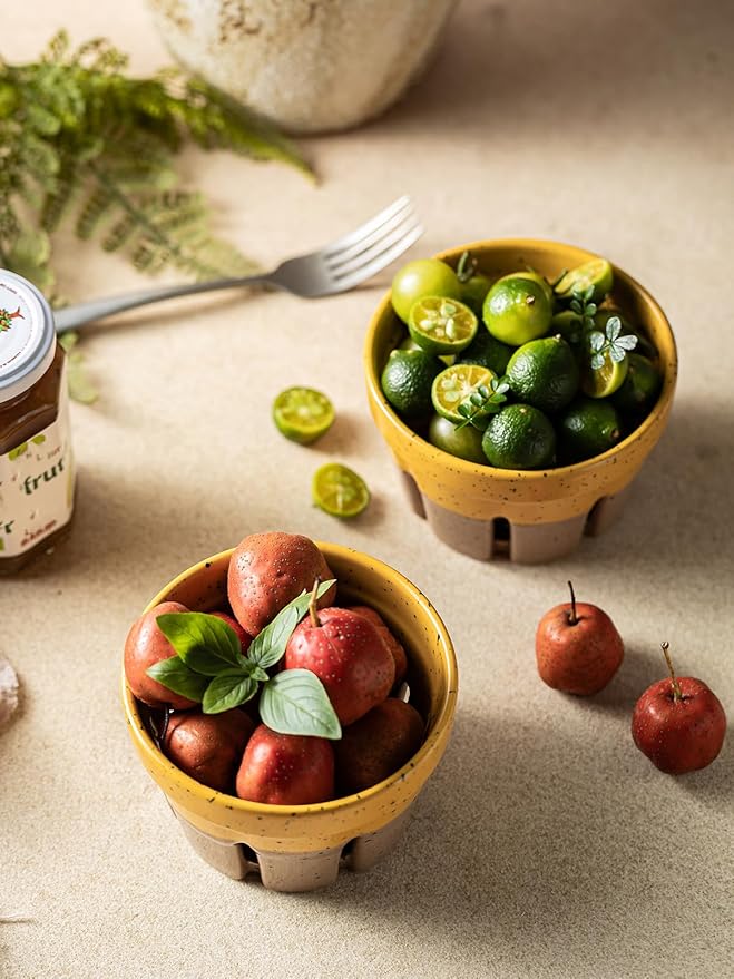 Gomakren Ceramic Berry Basket Set of 2, Round Fruit Bowls with Holes, Rustic Fruit Basket Containers for Kitchen, Berries, Strawberry, Grape, Cherry, Yellow + Brown