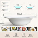 Pasta & Salad Bowls - 40oz White Ceramic Soup Plates - Set of 4, Large Pasta Plates, Wide Rimmed, Microwave & Dishwasher Safe