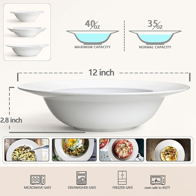Pasta & Salad Bowls - 40oz White Ceramic Soup Plates - Set of 4, Large Pasta Plates, Wide Rimmed, Microwave & Dishwasher Safe