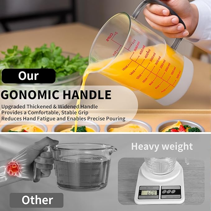 Newness 2-Cup Glass Measuring Cup For Baking and Cooking, (Upgraded, 3 Marking Including Cup/ML/Ounce Scale) Dishwasher, Freezer, Microwave, and Preheated Oven Safe, Essential Kitchen Tools
