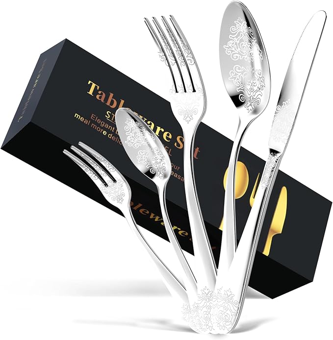 20-Piece Stainless Steel Silverware Set, Elegant Floral Engraved Cutlery Flatware Set for 4, Durable Tableware Utensil Sets Silver Include Fork Spoon Knife with Mirror Polish