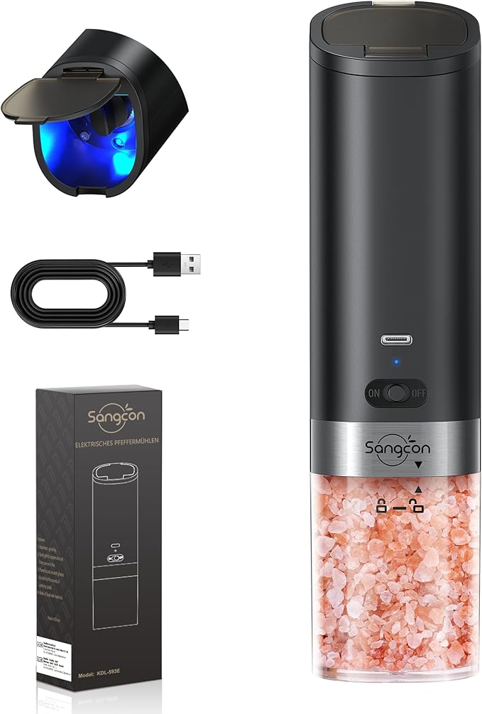 Sangcon Gravity Electric Salt and Pepper Grinder Rechargeable with Dust Cover, Large Capacity, Adjustable Coarseness, LED Light, One Hand Automatic Salt Pepper Shaker Mill, House Warming Gifts