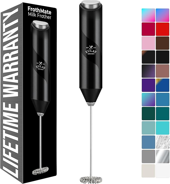 Zulay Kitchen Powerful Milk Frother Wand - Handheld Stainless Steel - Battery Operated Drink Mixer for Coffee, Lattes, Cappuccino, Matcha - Froth Mate Frother Gift - Black