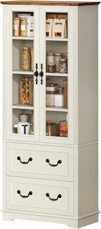 DWVO 76" Kitchen Pantry Storage Cabinet, Freestanding Display Cabinets with Glass Doors & Adjustable Shelves & Drawers, Tall Farmhouse Cupboard for Dining Room, Living Room, Bathroom, White Walnut