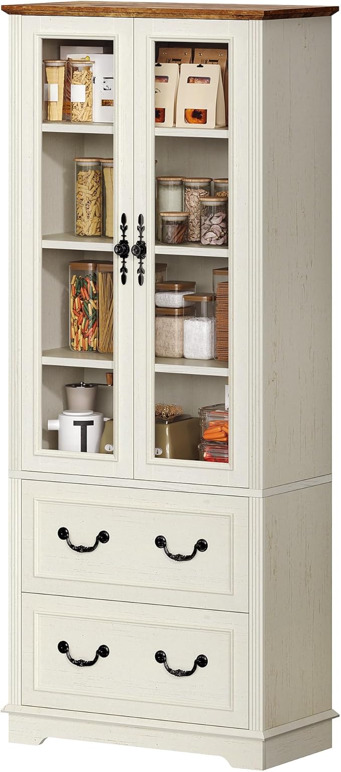 DWVO 76" Kitchen Pantry Storage Cabinet, Freestanding Display Cabinets with Glass Doors & Adjustable Shelves & Drawers, Tall Farmhouse Cupboard for Dining Room, Living Room, Bathroom, White Walnut