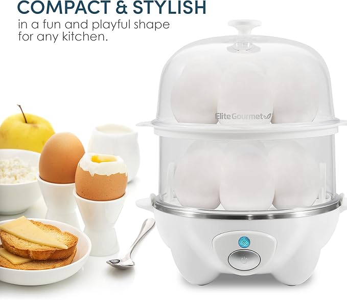Elite Gourmet EGC1405W 2-Tiered Rapid Egg Cooker, 5-Egg Poacher, Omelets, Soft, Medium, Hard-Boiled Eggs with Auto Shut-Off and Buzzer, BPA Free, 14 eggs, White