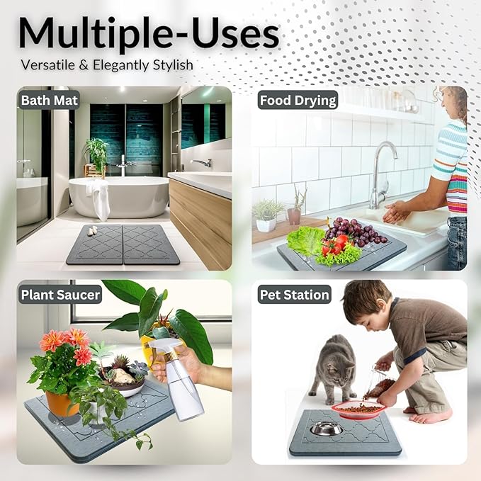 BARTEQ Stone Dish Drying Mat Large - 23.6” X 15.4" Foldable Diatomaceous Stone Drying Mat for Kitchen Counter | Fast Absorbtion | Non-Slip Quick Drying Stone Mat | Moroccan Trellis Grey