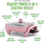 GreenLife12" 5QT Square Electric Skillet, Glass Vented Lid, Ceramic PFAS-Free Nonstick Coated Interior, Adjustable Temperature Control, Cool Touch Handles, Quick Even Heating, Scratch Resistant, Pink