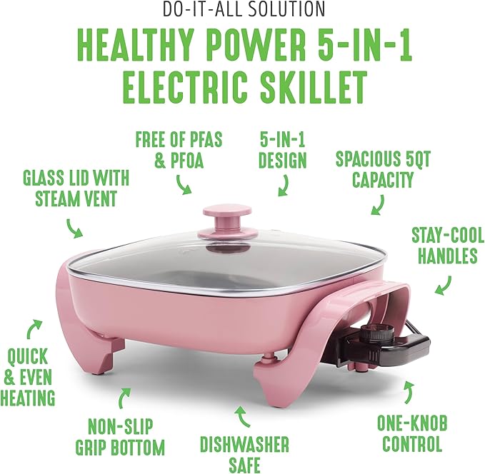 GreenLife12" 5QT Square Electric Skillet, Glass Vented Lid, Ceramic PFAS-Free Nonstick Coated Interior, Adjustable Temperature Control, Cool Touch Handles, Quick Even Heating, Scratch Resistant, Pink