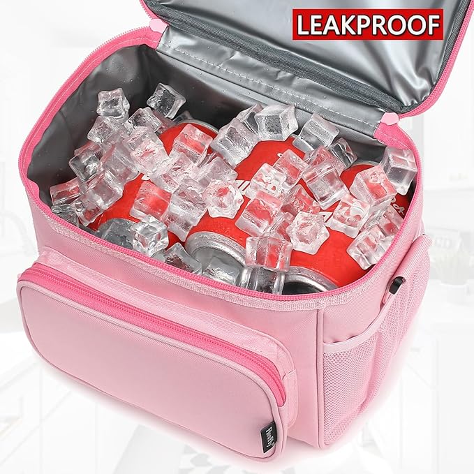 FlowFly Insulated Reusable Lunch Bag Adult Large Lunch Box for Women and Men with Adjustable Shoulder Strap,Front Zipper Pocket and Dual Large Mesh Side Pockets,Pink