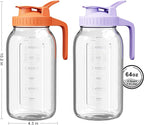 | 2 Pack | 64oz | Glass Mason Jar Pitcher with Lid and Spout, 2 Quart (1.9 Liter) Airtight Glass Water Jug Wide Mouth for Juice, Sun Tea, Iced Coffee, Milk Storage, Purple & Orange