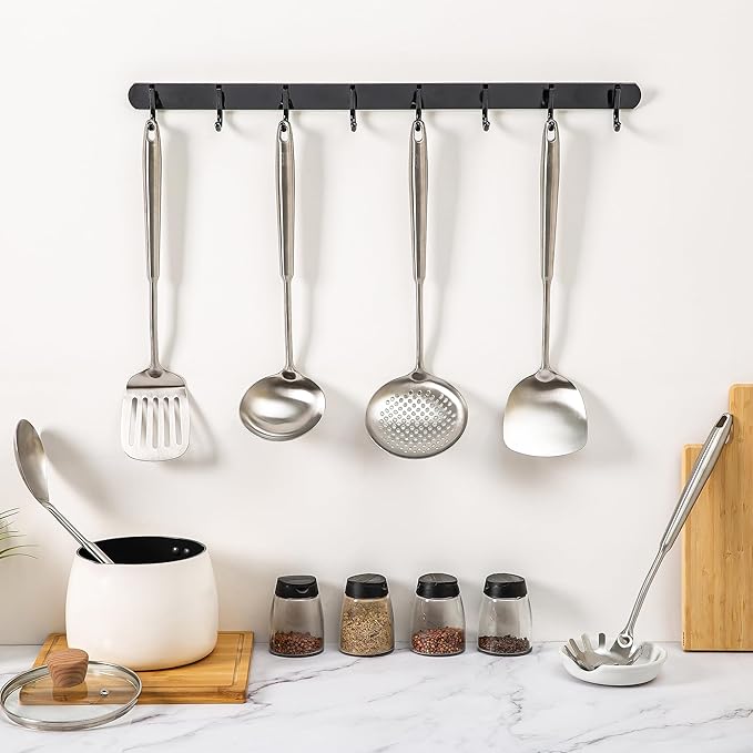 FJNATINH 6-Pieces 304 Stainless Steel Wok Spatula Set,Cooking Utensil Set,Soup Ladle Colander,Nonstick Kitchen Cooking Utensils Set with Spatula,Kitchenware Tools