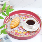 Round Pink Decorative Tray for Coffee Table, Ottoman, 13” Plastic Serving Platter Tray with Handles for Entertaining, Living Room