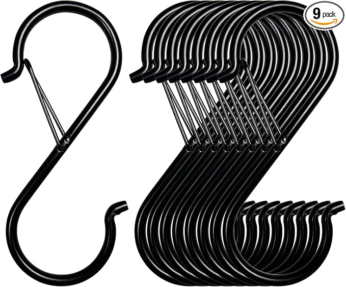 9 Pcs S Hooks for Hanging, 3.5 inch Heavy Duty S Hook of Metal for Clothes Rails, Closet Hooks with 0.5-inch Safety Buckle, S Hook for Hanging Plants, Kitchen Utensil, Pots, Pans, Bags