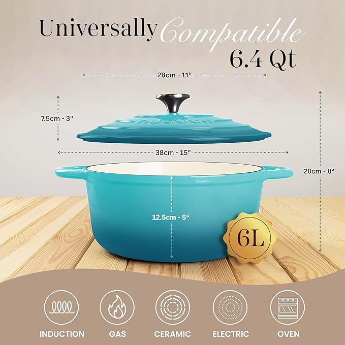 Nuovva Enamelled Cast Iron Dutch Oven Pot with Lid – 6.4 Quart Non Stick Casserole Pot – Heavy Duty & Oven Safe up to 500° F for Bread Baking, Braising, Stews, Roasting – 28cm Teal