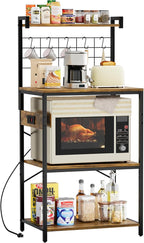 YESHOMY Kitchen Baker’s Rack with Power Outlet, 4-Tier Microwave Stand, Coffee Bar with 5 S-Shaped Hooks, Heavy Duty Storage Shelf Unit for Spices, Pots, Rustic Brown
