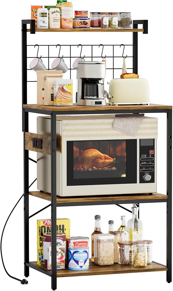 YESHOMY Kitchen Baker’s Rack with Power Outlet, 4-Tier Microwave Stand, Coffee Bar with 5 S-Shaped Hooks, Heavy Duty Storage Shelf Unit for Spices, Pots, Rustic Brown
