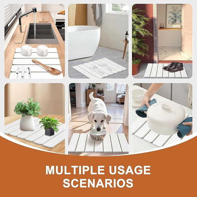 Stone Dish Drying Mat for Kitchen Counter,16"x12",Roll Up Self Drying Dish Mat with Water-Guiding Grooves, Natural Diatomite Quick Dry Stone Mat for Dishes & Utensils