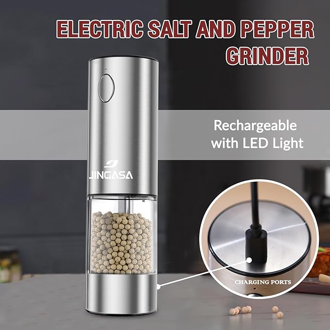 [Upgraded Larger Capacity] Electric Salt and Pepper Grinder Set with USB Charging Base, 95ml Large Capacity, Adjustable Coarseness,Stainless Steel Automatic Pepper Mill with One-Hand Operation, 1 Pack