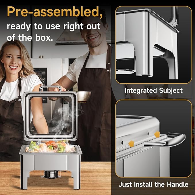 Chafing Dishes for Buffet, 6QT Square Stainless Steel Chafing Dish with Transparent Hydraulic Lid, 304 Food Pan, Buffet Warmer for Parties and Events (Silver)