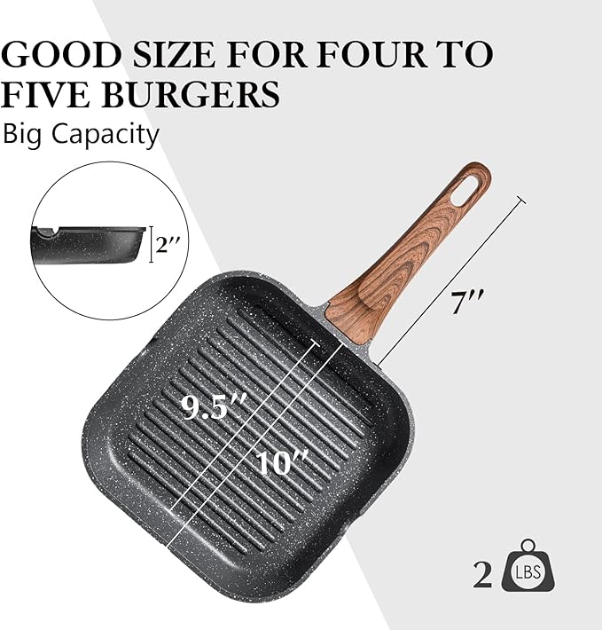 SENSARTE Nonstick Grill Pan for Stove Tops, Versatile Griddle with Pour Spouts, Square Big Cooking Surface, Durable Skillet Indoor & Outdoor Grilling. PFOA Free, 9.5 Inch