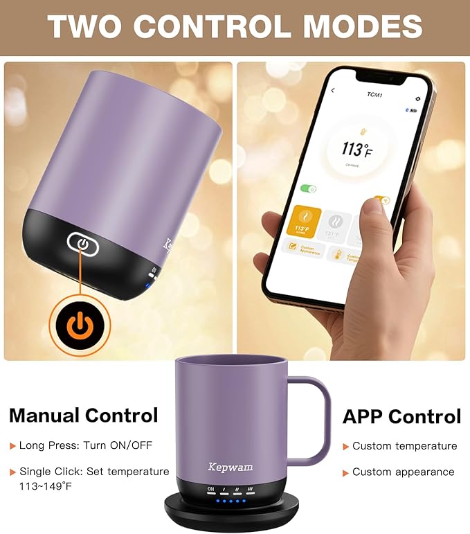 Heated Coffee Mug T1-14oz Fast Heating & Longer Battery Life Self Heating Coffee Mug Hot to 149℉ - Touch & App Controlled Mug Coffee and Hot Beverage Warmer, Gifts for Women and Men