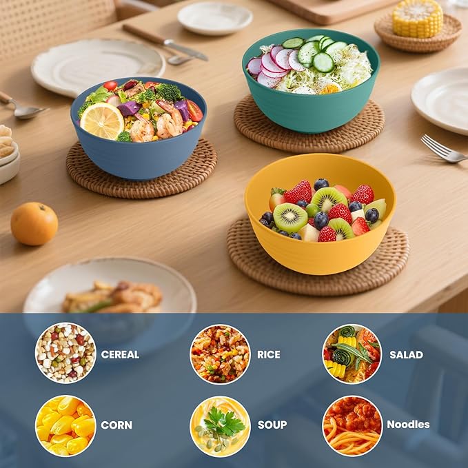 Wheat Straw Bowls - Cereal Bowls Set of 6 | Unbreakable Pastic Bowl Reusable, Dishwashe and Microwave Safe Bowls, Kitchen Bowl for Soup, Salad, Picnic, Camping (Multi Colors)